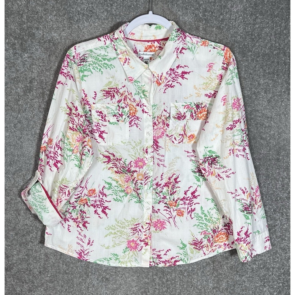 Croft & Barrow Button Up Top Womens Sz Large Petite Pink Floral Pockets Roll Tab